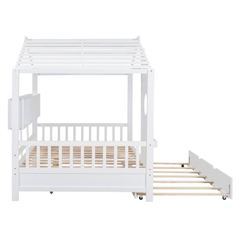 Wooden Full Size House Bed With Trundle and Storage Shelf