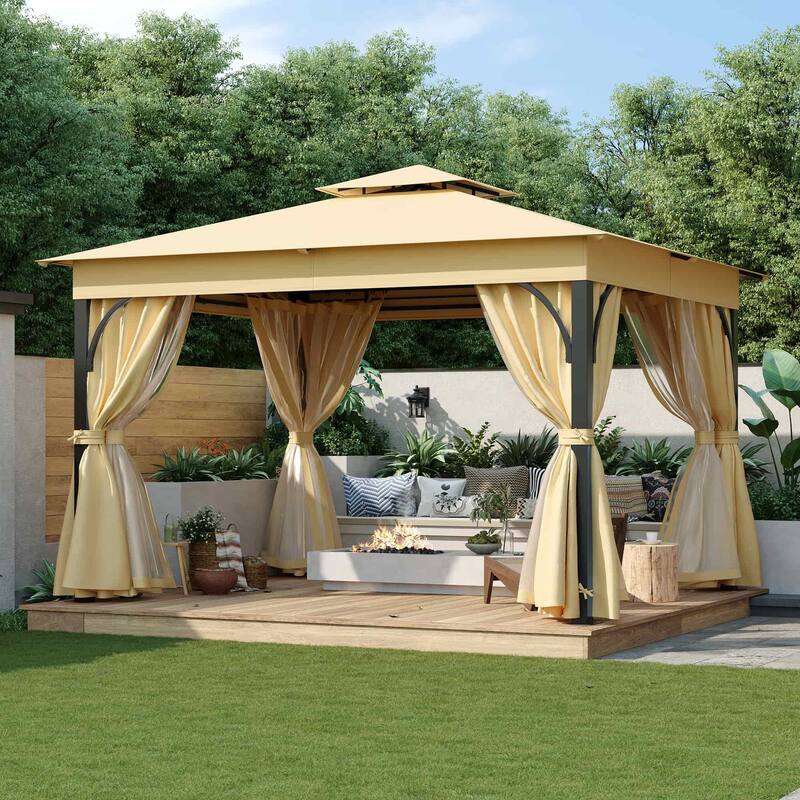 10x12 FT Outdoor Gazebo Tent with Double Roofs and Mosquito Netting - Beige