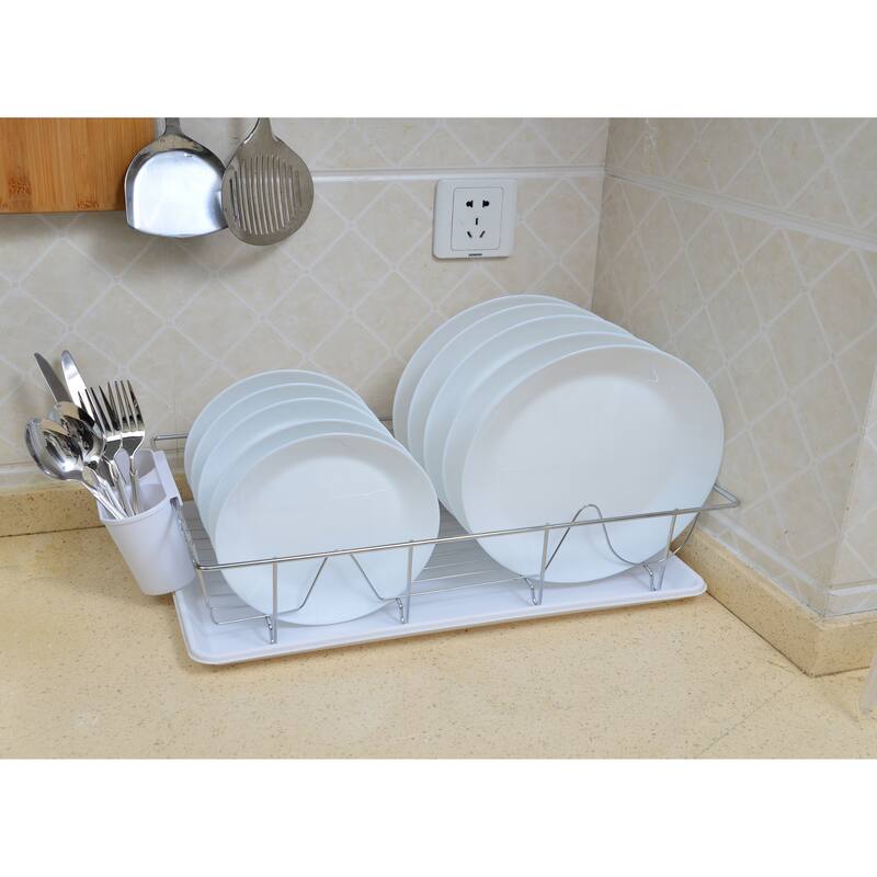 Kitchen Details 3 Piece Chrome Dishrack with Tray in White - 19"x12"x4"