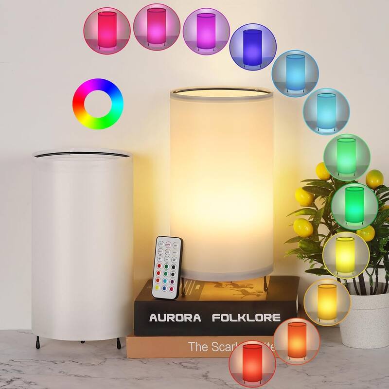 Set of 2 Night Light Small Table Lamp with Remote - 9.8in-Round - White