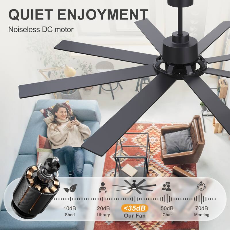 72 Inch 8-Blade Large Ceiling Fan with Dimmable LED Light and Remote