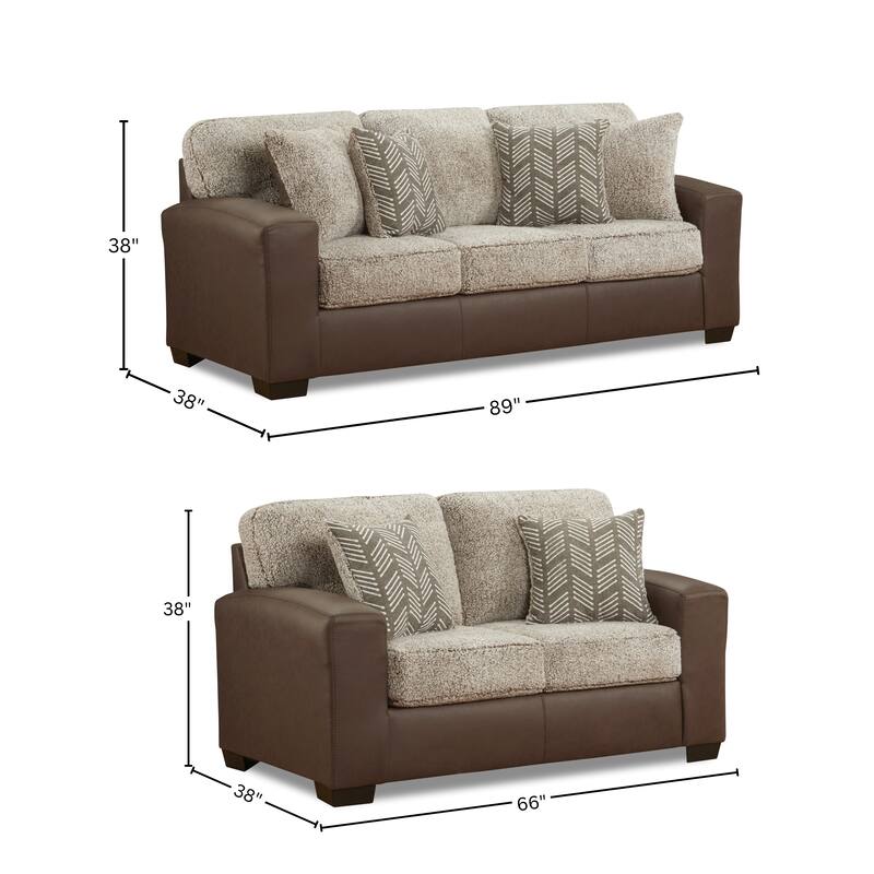 Roundhill Furniture Marvella 3-Piece Living Room Set, Chocolate Faux Leather and Curly Shearling Upholstery