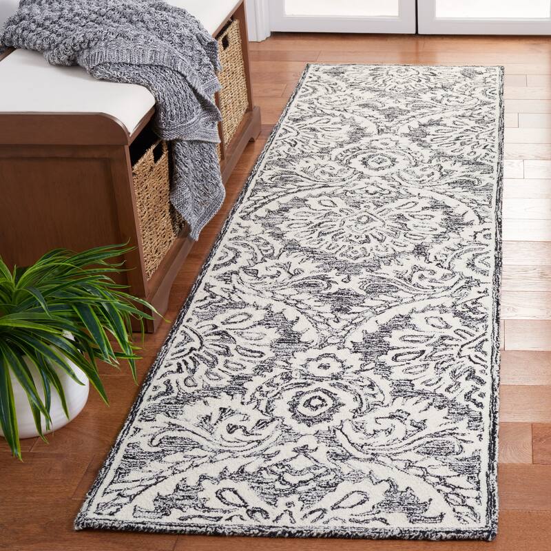 SAFAVIEH Handmade Blossom Esta Modern Floral Wool Rug - 2'3" x 8' Runner - Black/Ivory