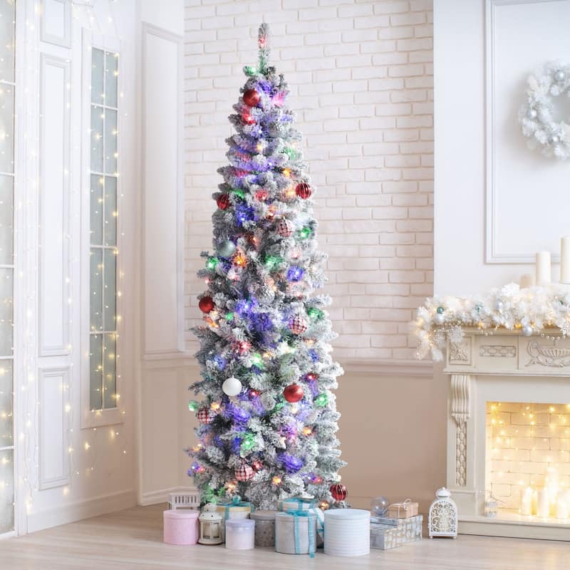 VEIKOUS Pre-Lit Artificial Christmas Tree Pencil Snow with Foldable Iron Stand with LED lights, 5.5/6.5/7.5 ft - 6.5 Foot - Multi