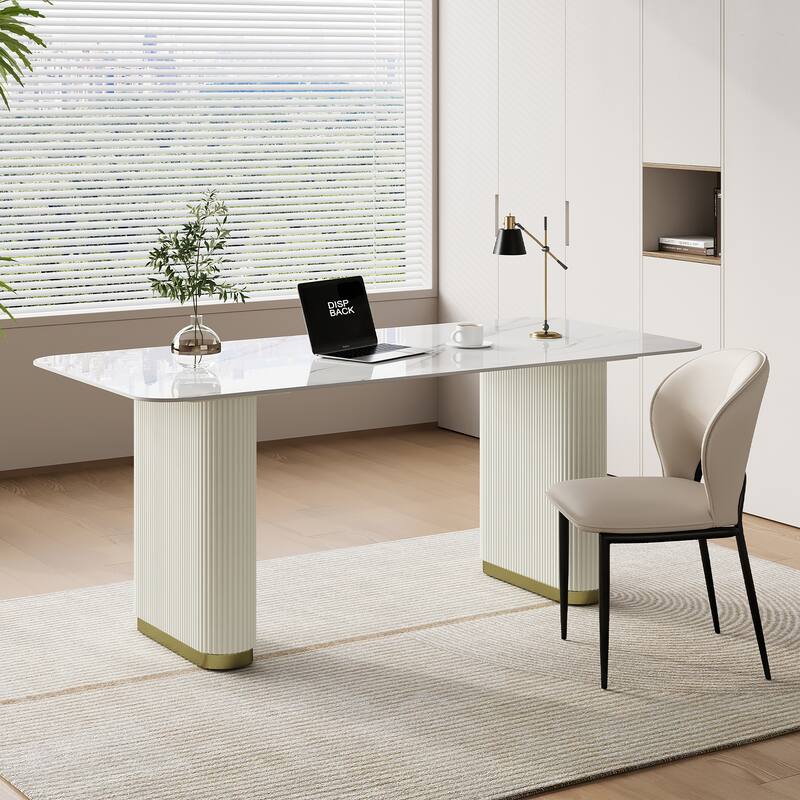 63" Modern White Writing Table, Retacgular Desk With Glossy Sintered Stone Table Top, Double Roman Column Legs - White
