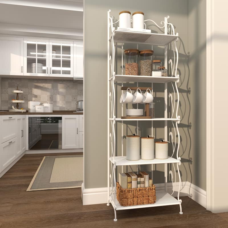 Metal Scroll Indoor Outdoor Tall Folding 5 Shelves Bakers Rack - Gold or White - Roche River Decor