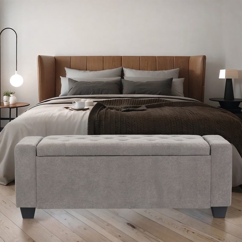 Adeco Rectangle Storage Ottoman Bench for Living Room, Bedroom - Grey-18"H