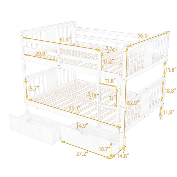 Full Bunk Bed with Drawers & Ladder - Solid Pine Wood Construction