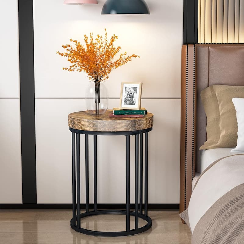 Brown/ Black Wood 2-Tier Round Sofa Side Table for Living Room - 1 Pc