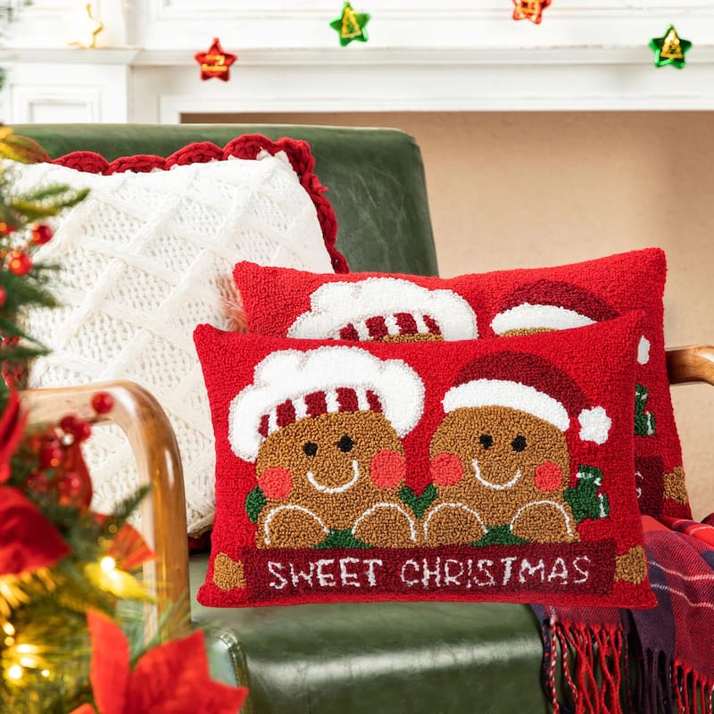 Glitzhome 18"L Hooked Gingerbread Boy & Girl Christmas Throw Pillow