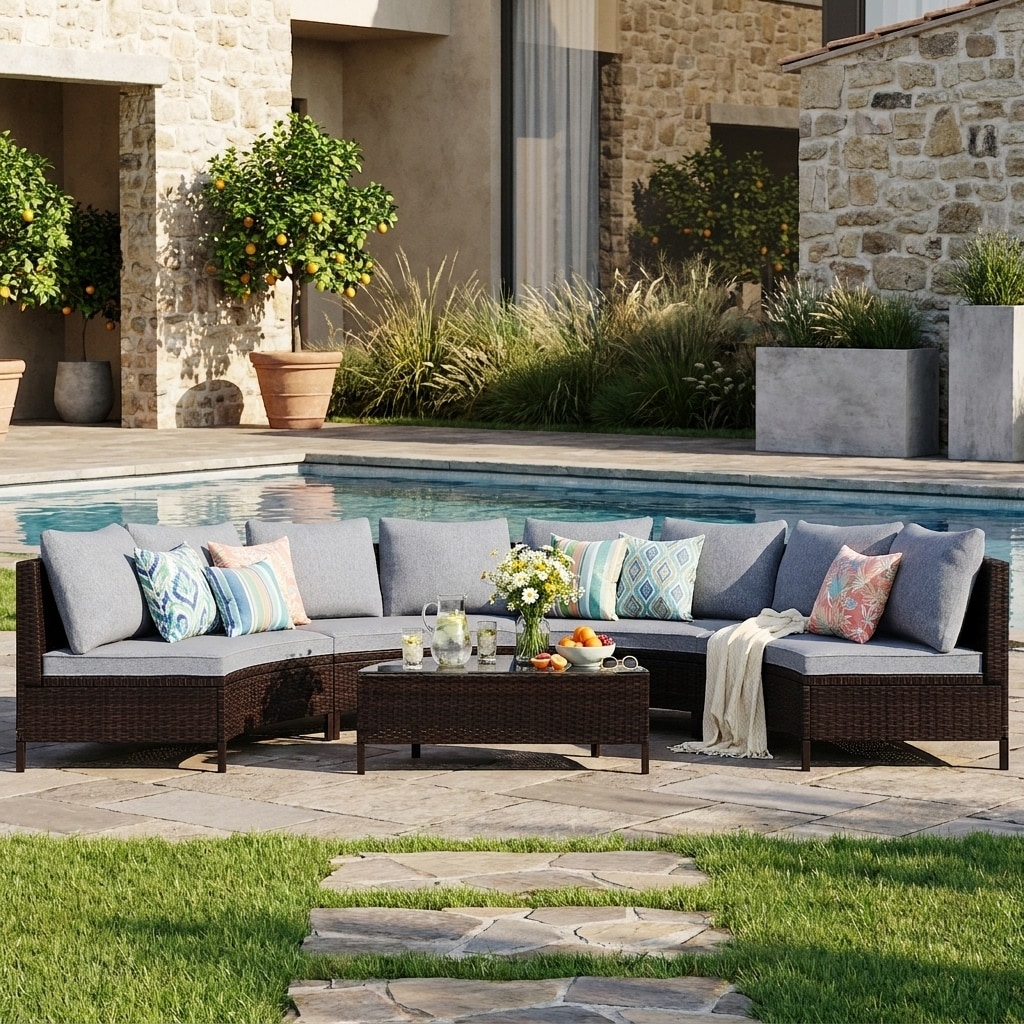 Half-Moon Design All-Weather Brown PE Rattan Wicker Sofa Set with Tempered Glass Table by Leisure Zone