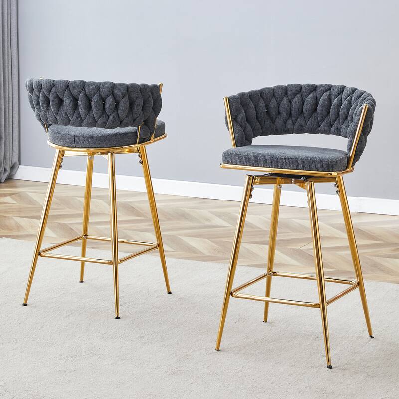 Set of 2 Swivel Bar Stools with Dark Gray Linen Seat & Golden Metal Legs for Restaurant & Bar