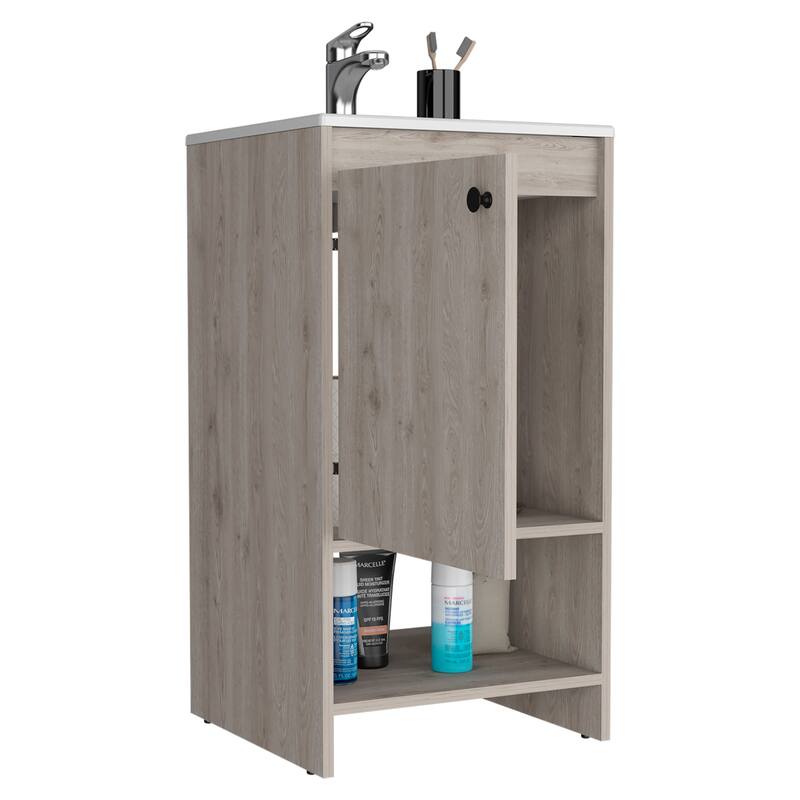 Bathroom Vanity with One Cabinet and Two Shelves, Light Gray, Ideal for Small Spaces and Powder Rooms