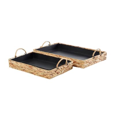 Seagrass Handmade Nesting Tray with Black Wood Interiors - Set of 2 Light Brown - Roche River Decor - 13"W x 20"L x 4"H