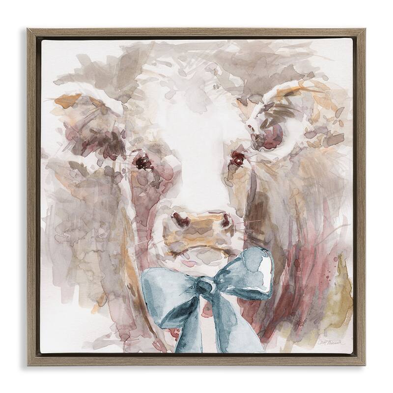 Stupell Soft Abstract Cow & Bow Framed Floater Canvas Wall Art Design By Carol Robinson - 18 x 18 - Brown