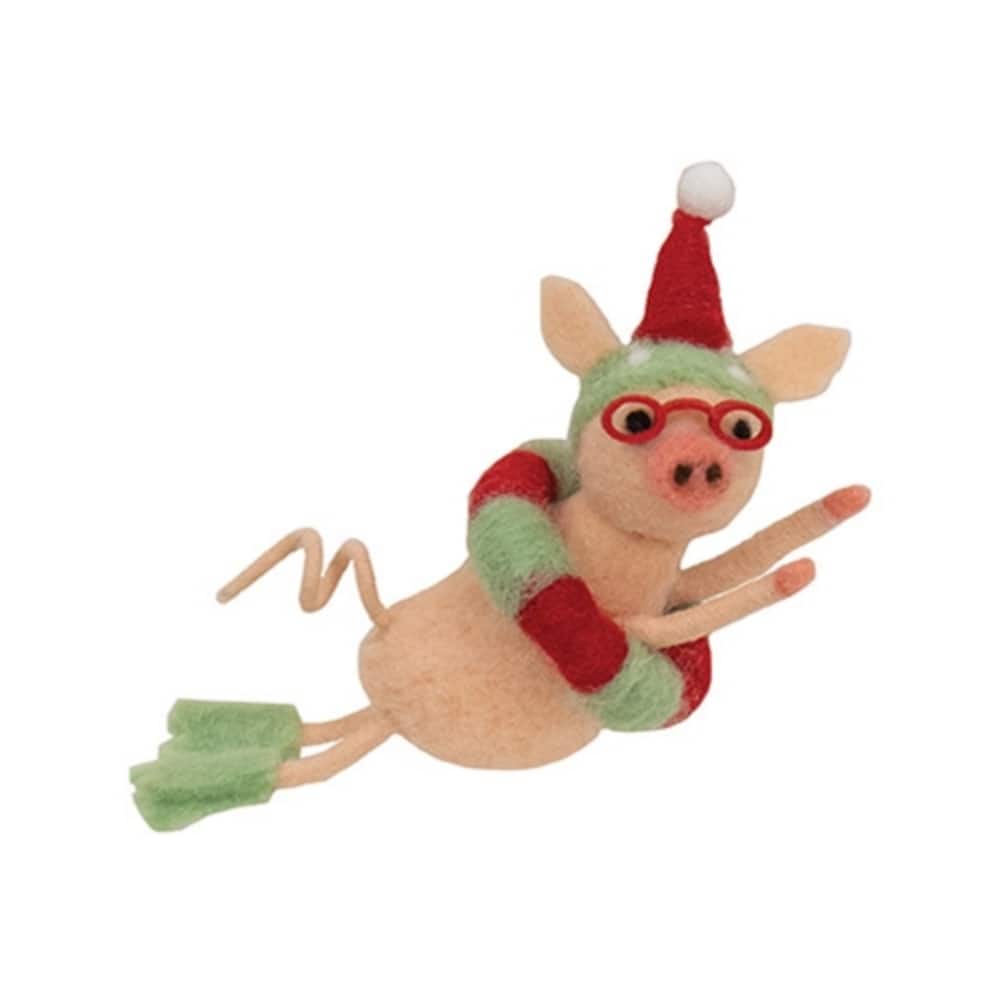 Felted Pig Ornament with Goggles and Santa Hat Holiday Decor - 3.5" x 6"