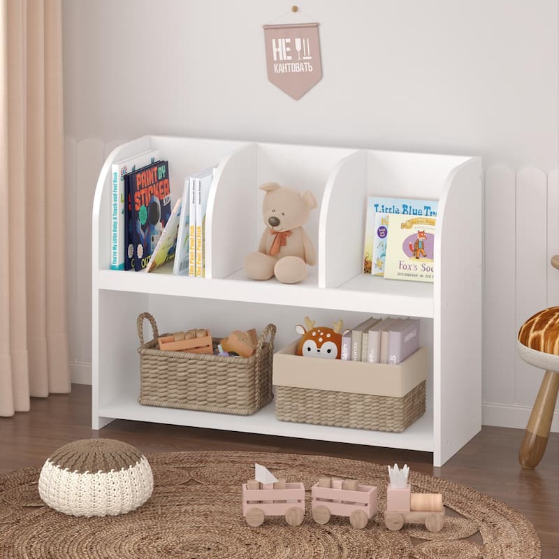 Anmytek 2-Tier Open Shelf Toy Storage Organizer with 3 Cubbies, White Kids Bookshelf for Bedroom Playroom Nursery