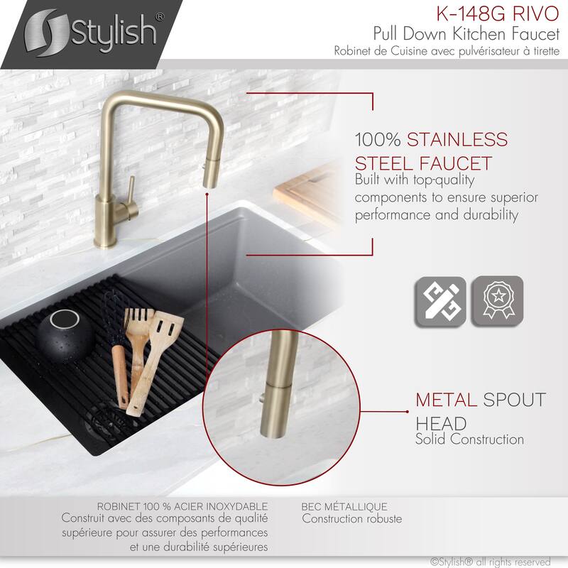 STYLISH Kitchen Sink Faucet Single Handle Pull Down Dual Mode in Stainless Steel - Faucet Height: 14 3/8" | Spout Height: 7 7/8"