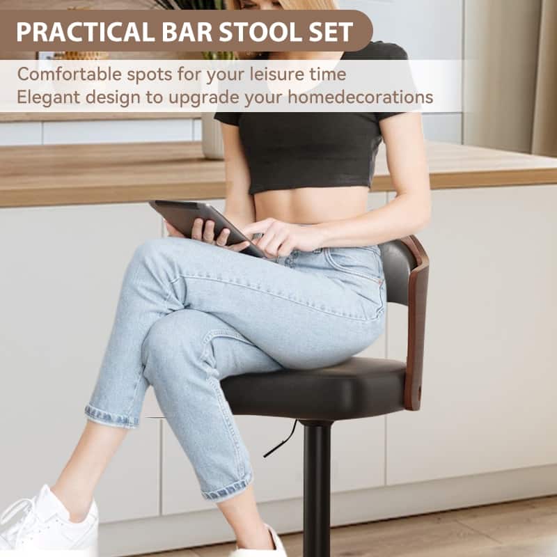 Swivel Bar Stools Set of 2 Seat Adjustable Height 24.5-33.5IN, Wooden Barstools PU Leather Upholstered Bar Chairs