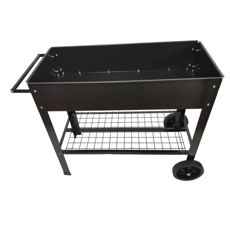 Anmytek Black Mobile Raised Garden Bed Cart with Storage Shelf Rolling Metal Planter Station with Large Wheels for Patio Balcony