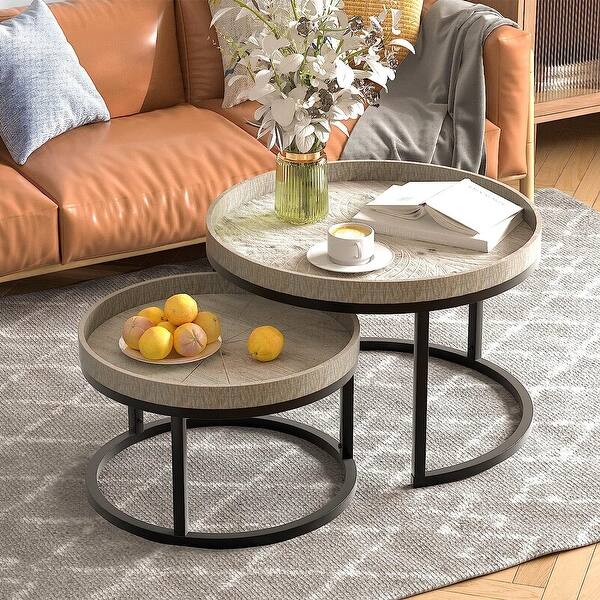 Farmhouse Round Coffee Table Set of 2, Stacking Coffee Tables with