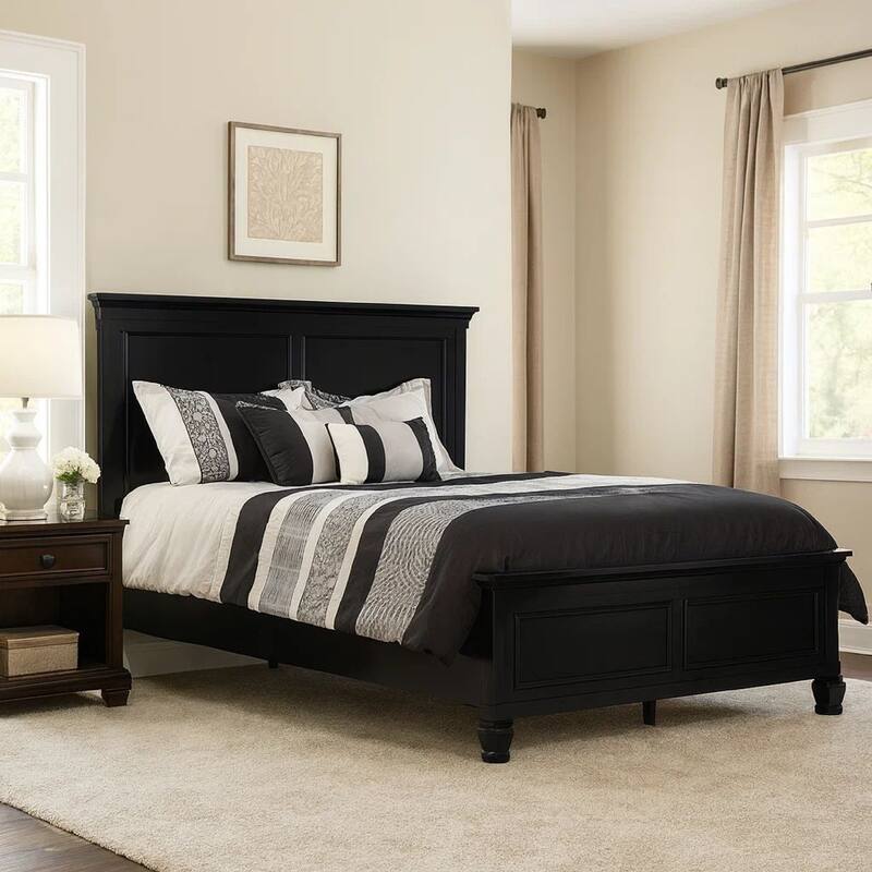 Umi Full Size Bed, Classic Panel Design with Molded Details, Black Wood
