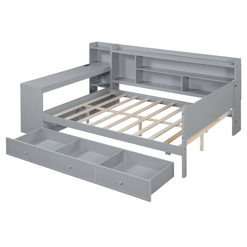 Full Size Wooden Daybed with Drawers, USB Ports, and Integrated Desk, Gray