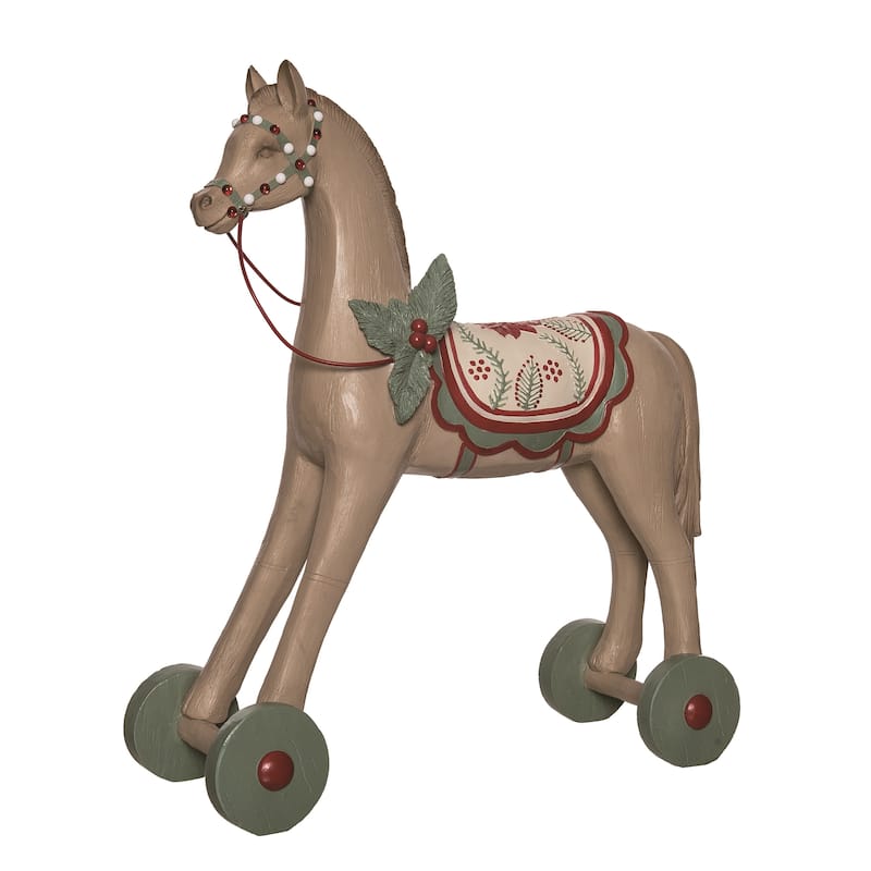 Transpac Resin 22.5 in. Tan Christmas Retro Wheeled Horse Decor