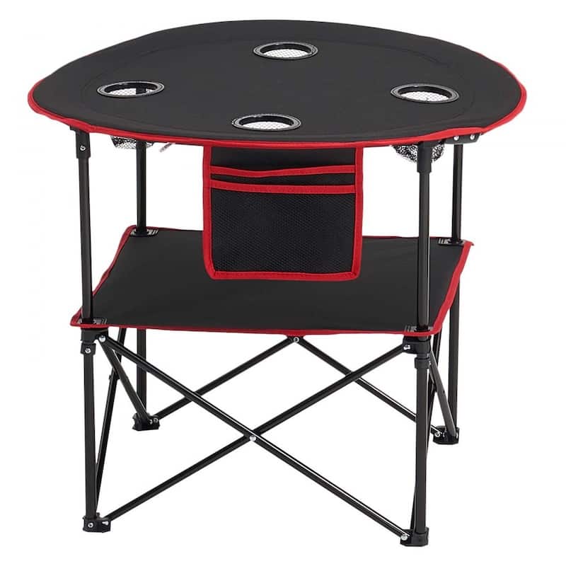 Black Foldable Camping Table with Waterproof Surface and 4 Cup Holders for Compact Travel Design