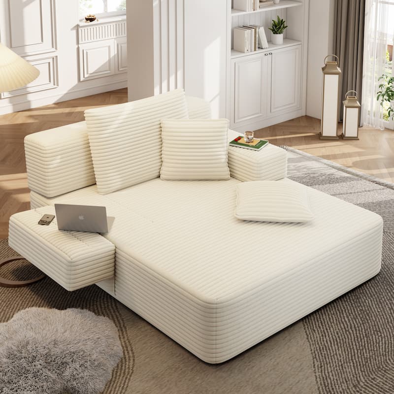 Luxurious Plush Corduroy Chaise Lounge Convertible Sofa Bed with Storage Pocket and Wide Armrests