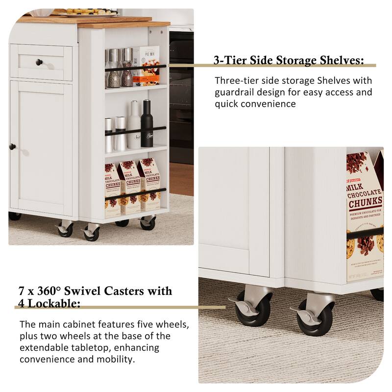 Roomfitters 85.5" Rolling Kitchen Island with 40.9" Extendable Dining Table, Power Outlet, 3 Drawers & 2 Doors