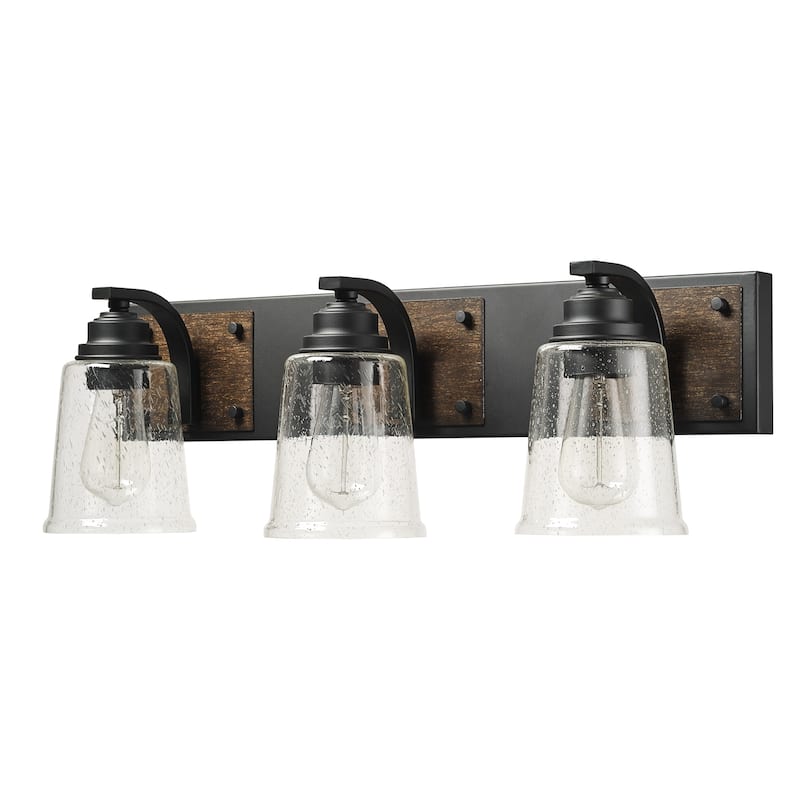 Warsaw 3-Light Matte Black Vanity Light with Dark Faux Wood Accents - one size