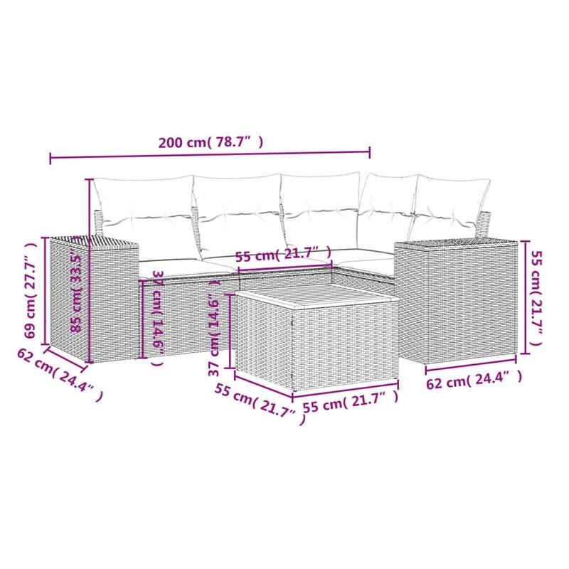 vidaXL 5 Piece Patio Sofa Set with Cushions Black Poly Rattan - 24.4" x 24.4" x 27.2"