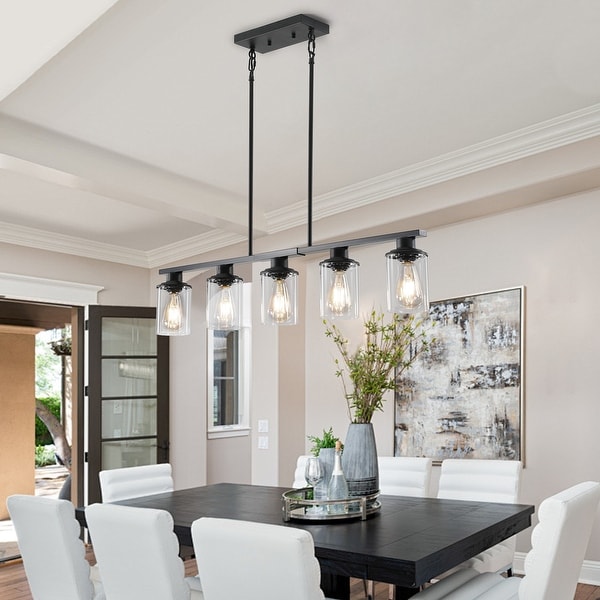 Industrial Modern 5 Light Ceiling Pendant with Clear Glass Shades Adjustable Height Fixture for Kitchen Living Room Golden HLADL541