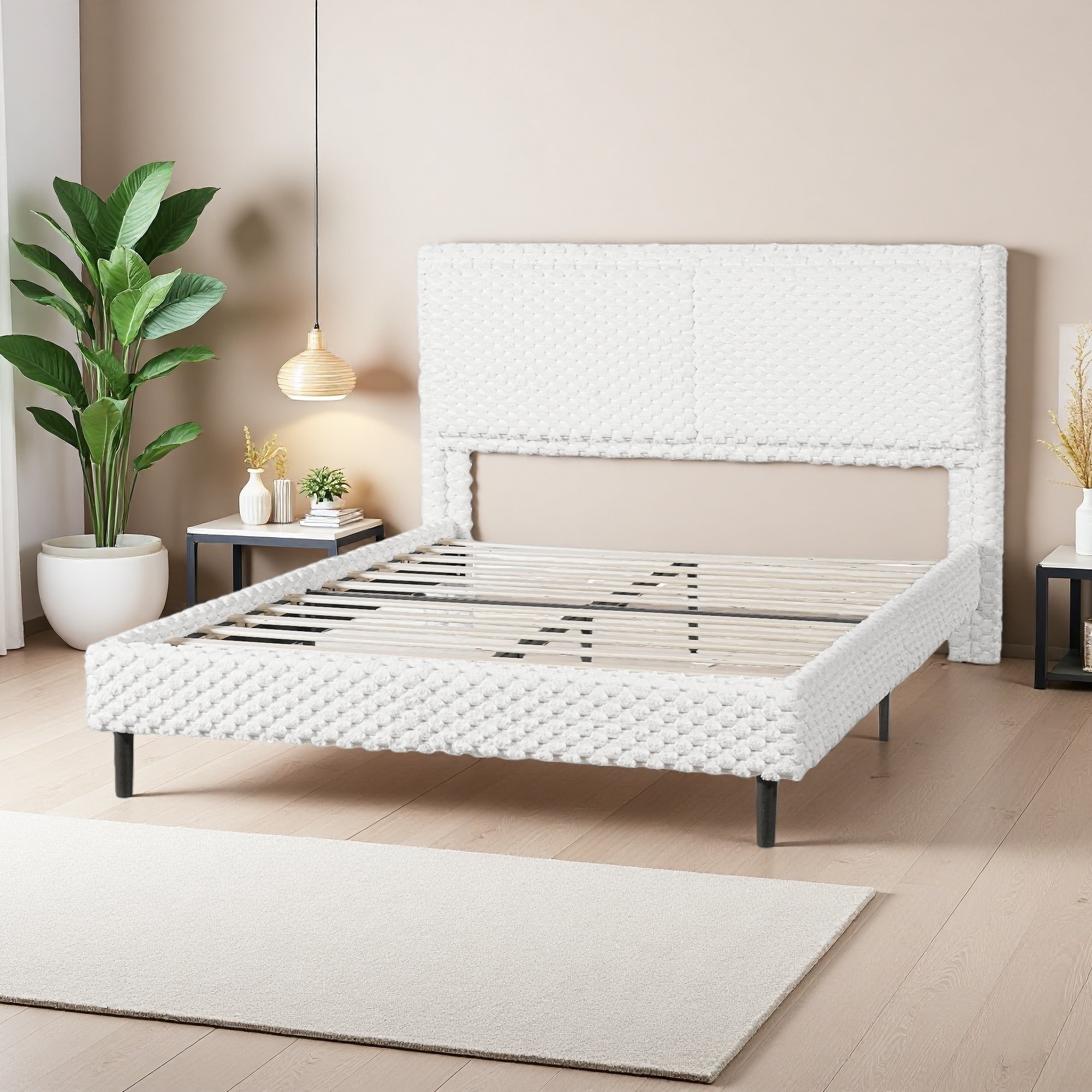 Queen Plush Upholstered Platform Bed with Rounded Corners
