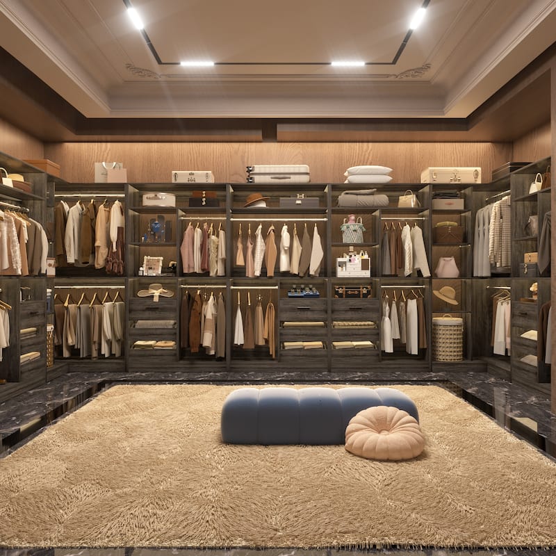 Qvella 72"-108" Closet System with Drawers and Hanging Rods,Freestanding Walk-in Closet Organizer System Wardrobe Closet Tower