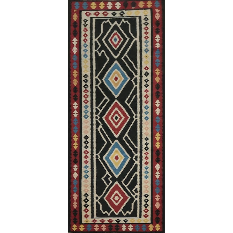 Hand Woven Oriental 100% Wool Carpet Southwestern Tribal Black Kilim Runner Rug - 9' 11'' X 3' 2''