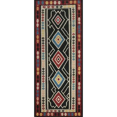 Hand Woven Oriental 100% Wool Carpet Southwestern Tribal Black Kilim Runner Rug - 9' 11'' X 3' 2''