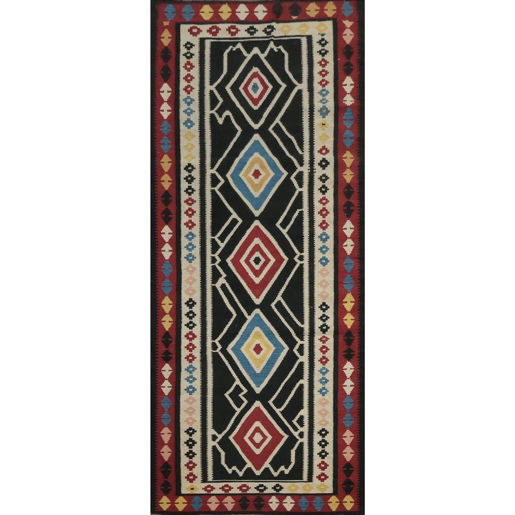 Hand Woven Oriental 100% Wool Carpet Southwestern Tribal Black Kilim Runner Rug - 9' 11'' X 3' 2''