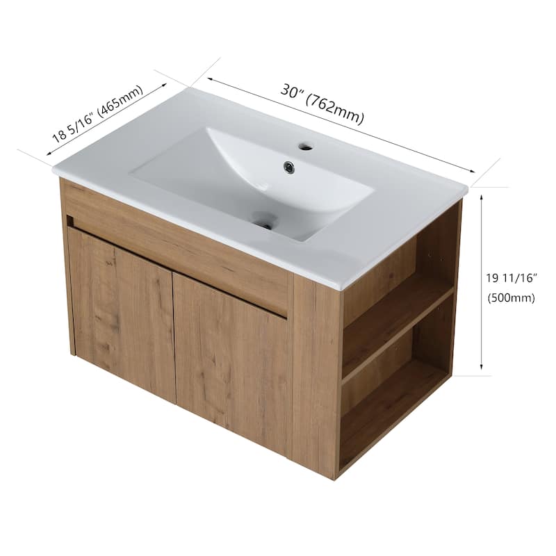 30 Inch Bathroom Vanity With White Ceramic Basin and Adjust Open Shelf