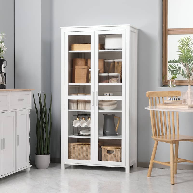 HOMCOM Freestanding Kitchen Pantry, 5-tier Storage Cabinet with Adjustable Shelves and 2 Glass Doors, White - White
