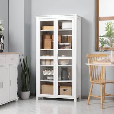 HOMCOM Freestanding Kitchen Pantry, 5-tier Storage Cabinet with Adjustable Shelves and 2 Glass Doors, White