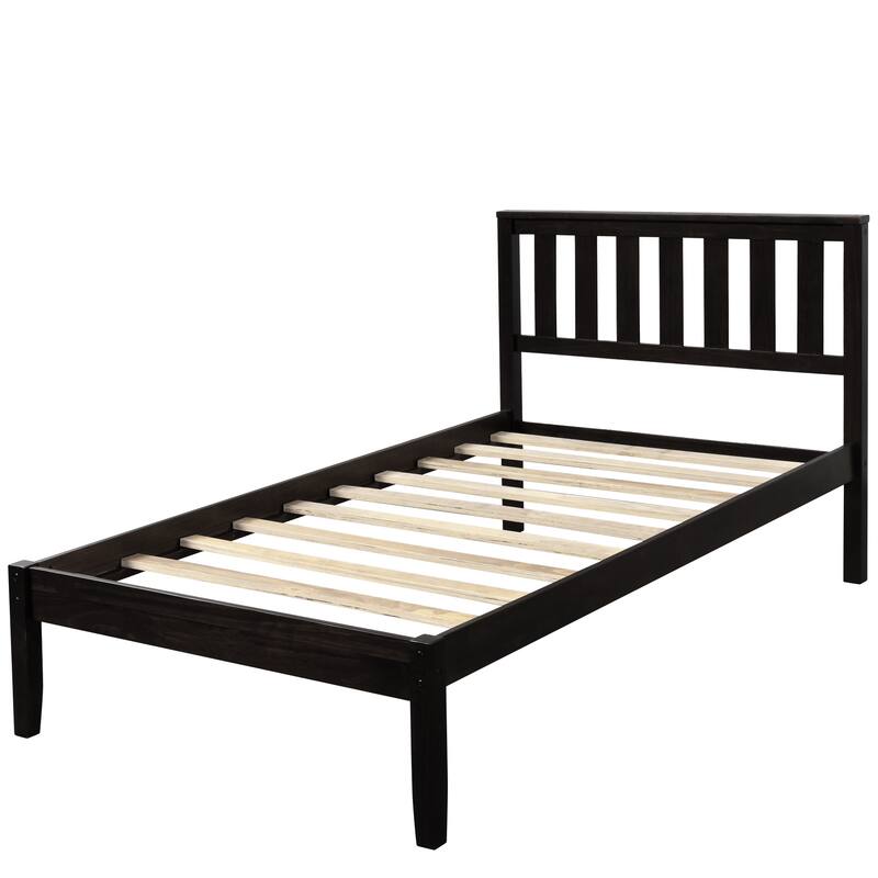 Espresso Wood Platform Bed with Headboard/Wood Slat Support, Twin
