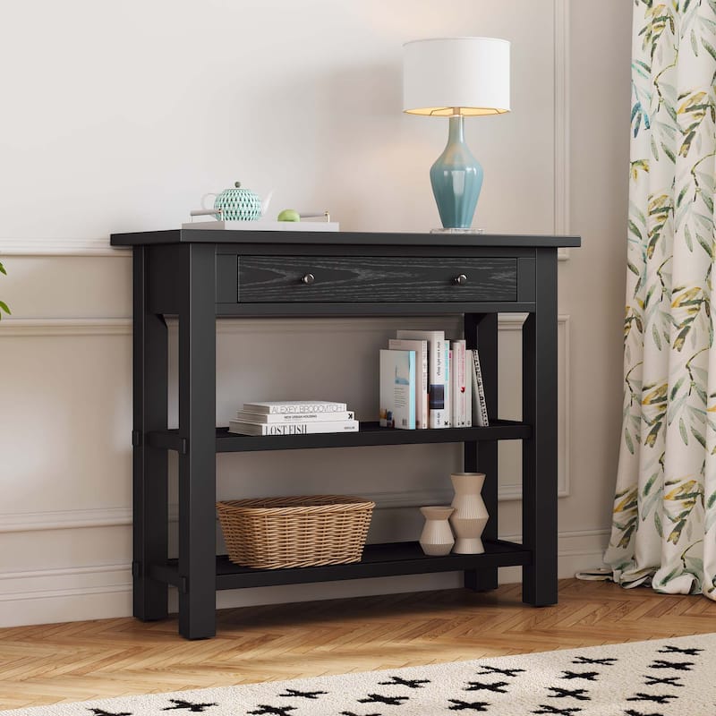 Retro Console Table with Drawer and Shelves for Entryway - Black