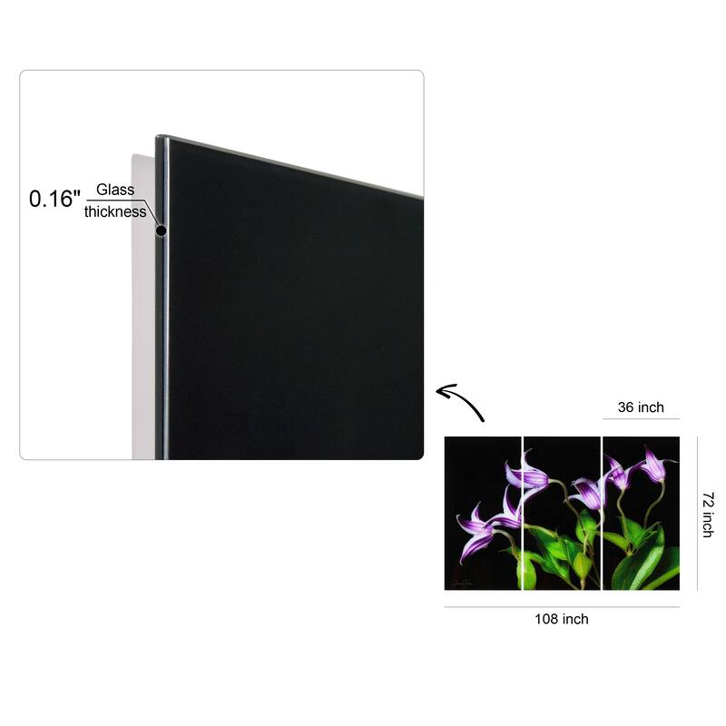 "Violete Belle" Oversized 72"x 36" Frameless Free-Floating Reverse Printed Tempered Art Glass Panels Set