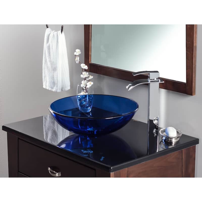 Miseno Circular 16-1/2" Tempered Glass Vessel Bathroom Sink with Drain