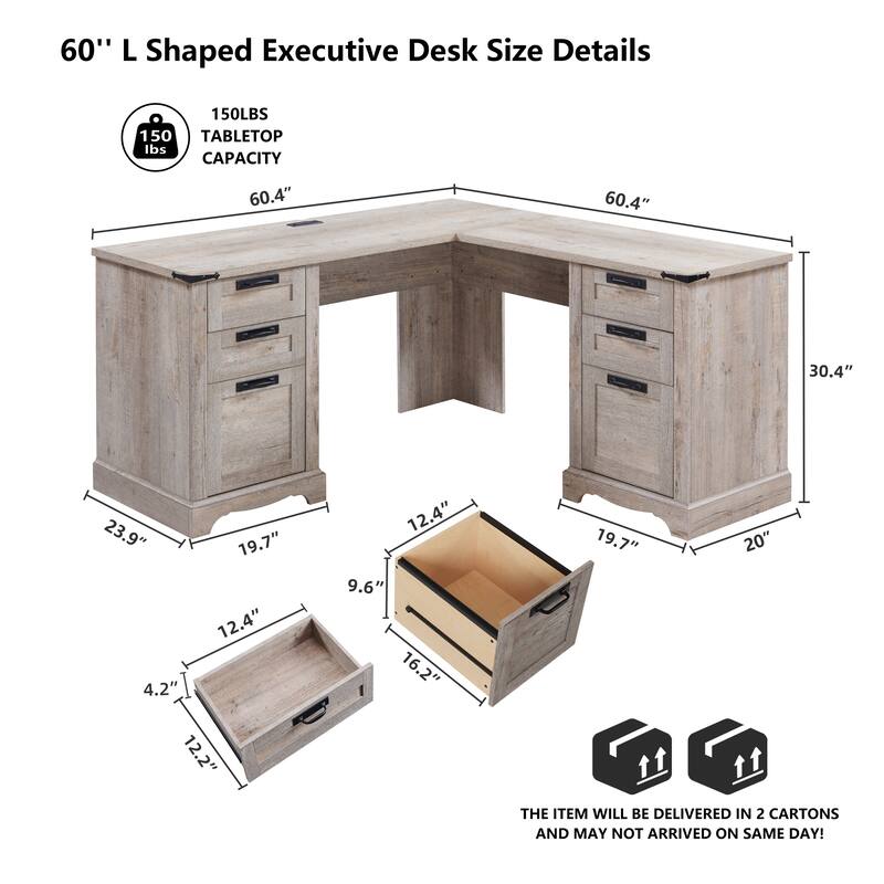 L Shaped Desk, Wood Office Desk with Charging Station, File Drawer
