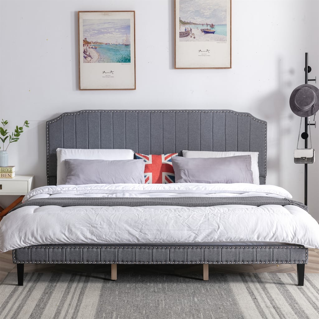 King Size Linen Curved Upholstered Platform Bed with Headboard