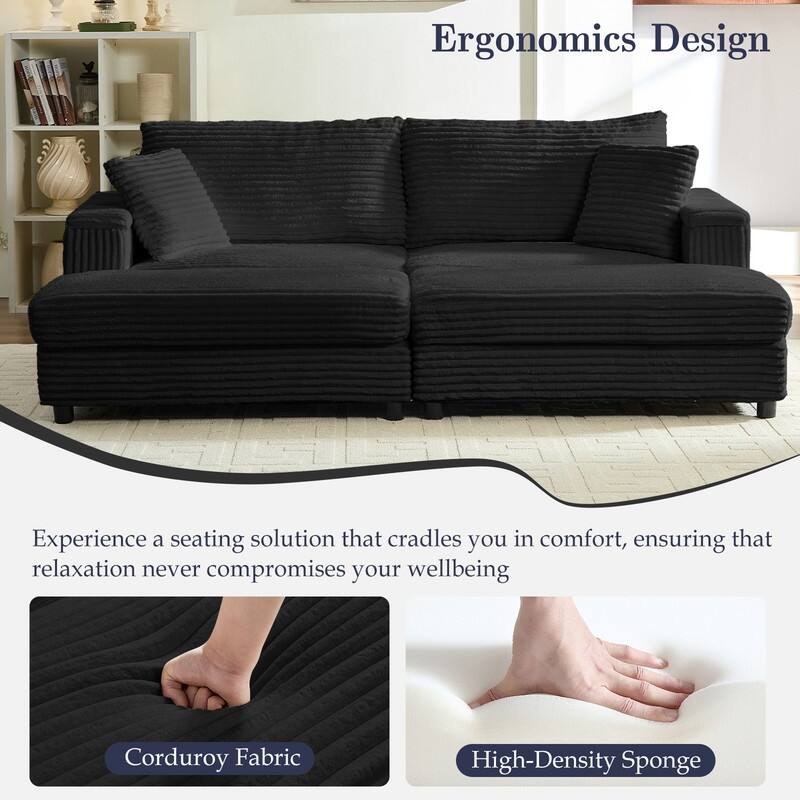 Mixoy 85‘’Corduroy Loveseat Chaise Lounge with Storage Ottoman&Armrests,Upholstered 2-Seater Sleeper Reclining Chair Indoor