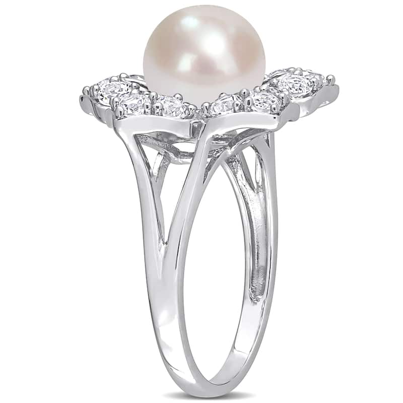 Miadora 8.5-9mm Cultured Freshwater Pearl and 1 1/3ct TGW Created White Sapphire Floral Pearl Ring in Sterling Silver